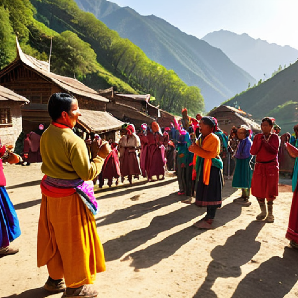 **Prompt:** A vibrant, heartwarming scene of a traditional trek through a remote Himalayan village. Locals in colorful attire are dancing and singing hand-in-hand during an ancient festival, surrounded by lush mountains and serene nature. The atmosphere is filled with joy, devotion, and a strong sense of community spirit, captured during the golden hour with warm, soft lighting.