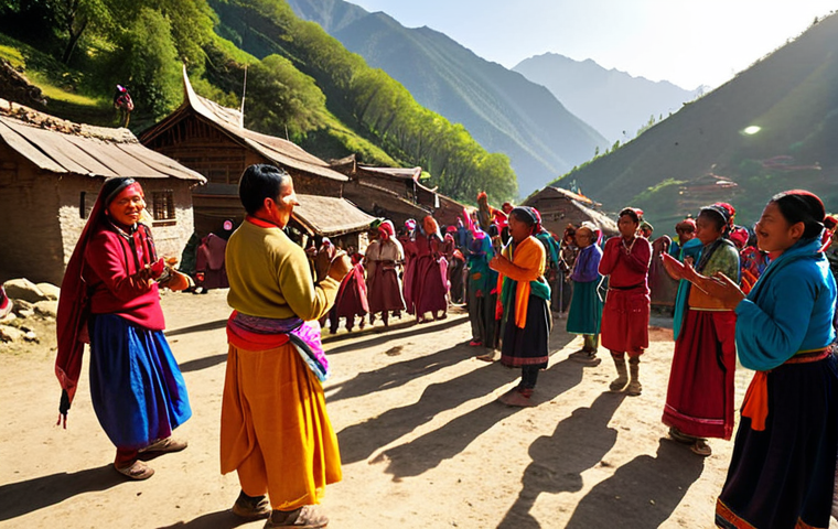 **Prompt:** A vibrant, heartwarming scene of a traditional trek through a remote Himalayan village. Locals in colorful attire are dancing and singing hand-in-hand during an ancient festival, surrounded by lush mountains and serene nature. The atmosphere is filled with joy, devotion, and a strong sense of community spirit, captured during the golden hour with warm, soft lighting.