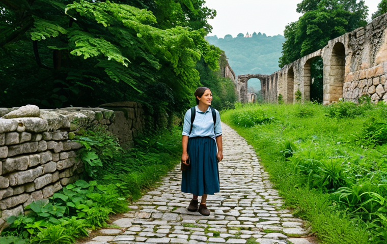 **
"A fully clothed traveler in modest hiking attire stands on a historic cobblestone path, surrounded by ancient ruins and lush greenery, appropriate content, safe for work, perfect anatomy, natural proportions, professional photography, high quality. The scene evokes a sense of adventure and discovery, emphasizing the beauty of nature and historical architecture, family-friendly."
**