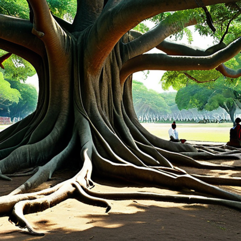 **

A majestic, ancient Banyan tree with expansive roots and branches, fully clothed travelers resting in its cool shade, safe for work, appropriate content, professional digital art, perfect anatomy, correct proportions, natural pose, modest clothing, family-friendly. In the background, a glimpse of a winding, historic path.

**