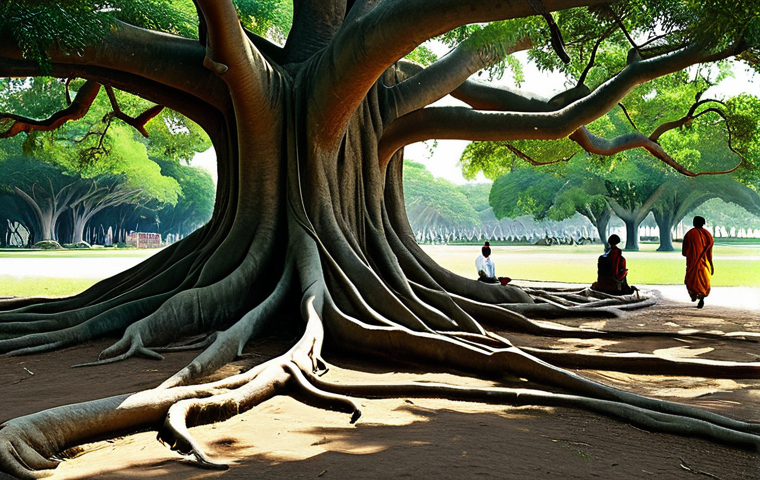 **
A majestic, ancient Banyan tree with expansive roots and branches, fully clothed travelers resting in its cool shade, safe for work, appropriate content, professional digital art, perfect anatomy, correct proportions, natural pose, modest clothing, family-friendly. In the background, a glimpse of a winding, historic path.
**