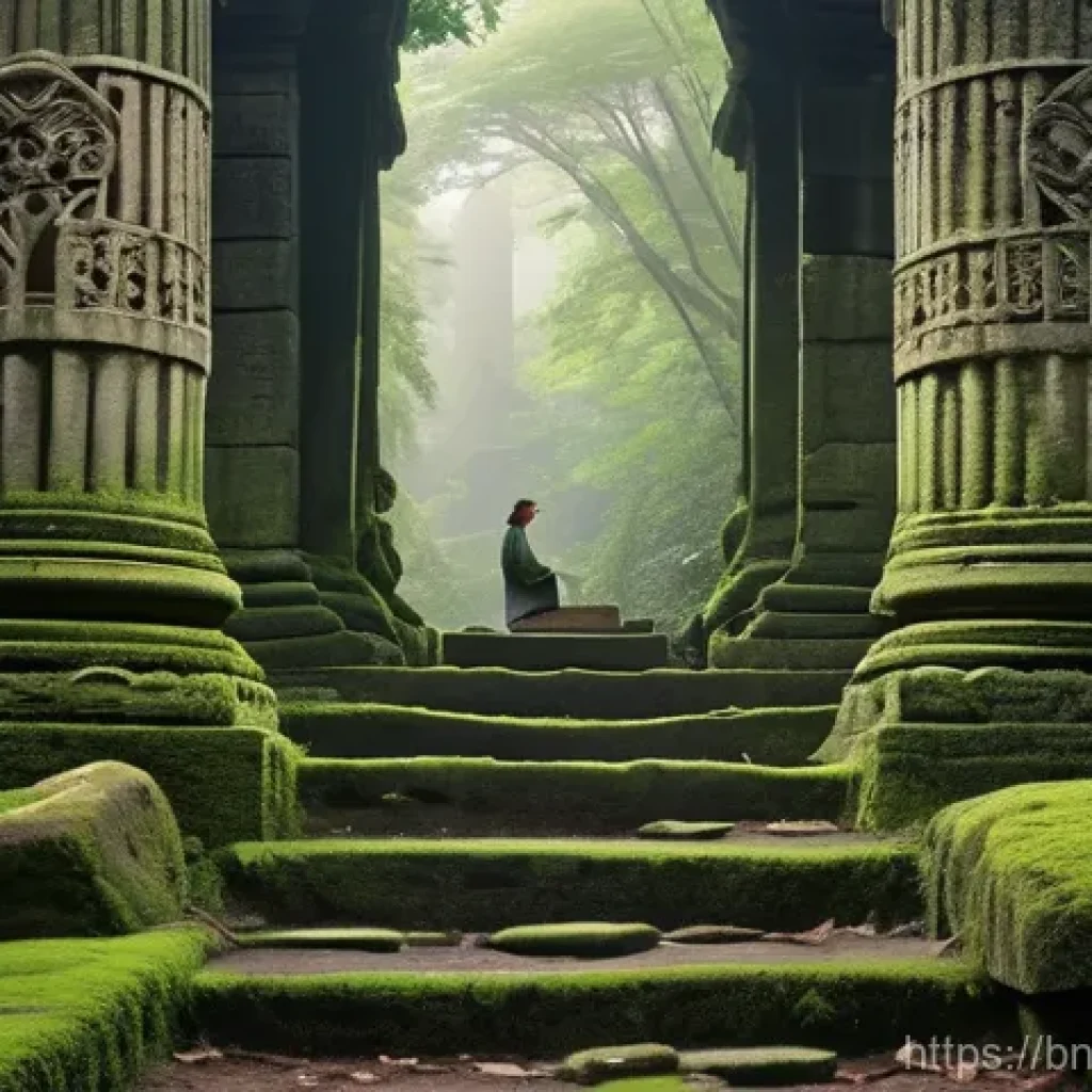 사진으로 보는 역사적 도보 루트 트레킹 - **Prompt 1: Serene Exploration of Ancient Ruins at Dawn**
    "A lone female traveler, elegantly dre...