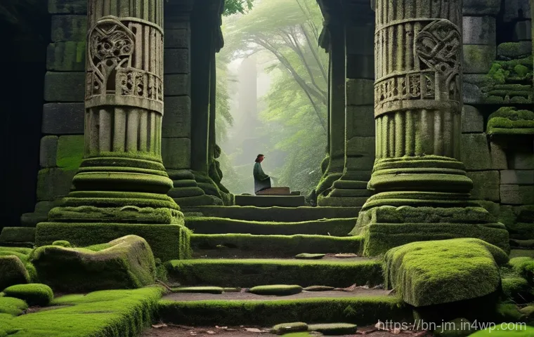 사진으로 보는 역사적 도보 루트 트레킹 - **Prompt 1: Serene Exploration of Ancient Ruins at Dawn**
    "A lone female traveler, elegantly dre...
