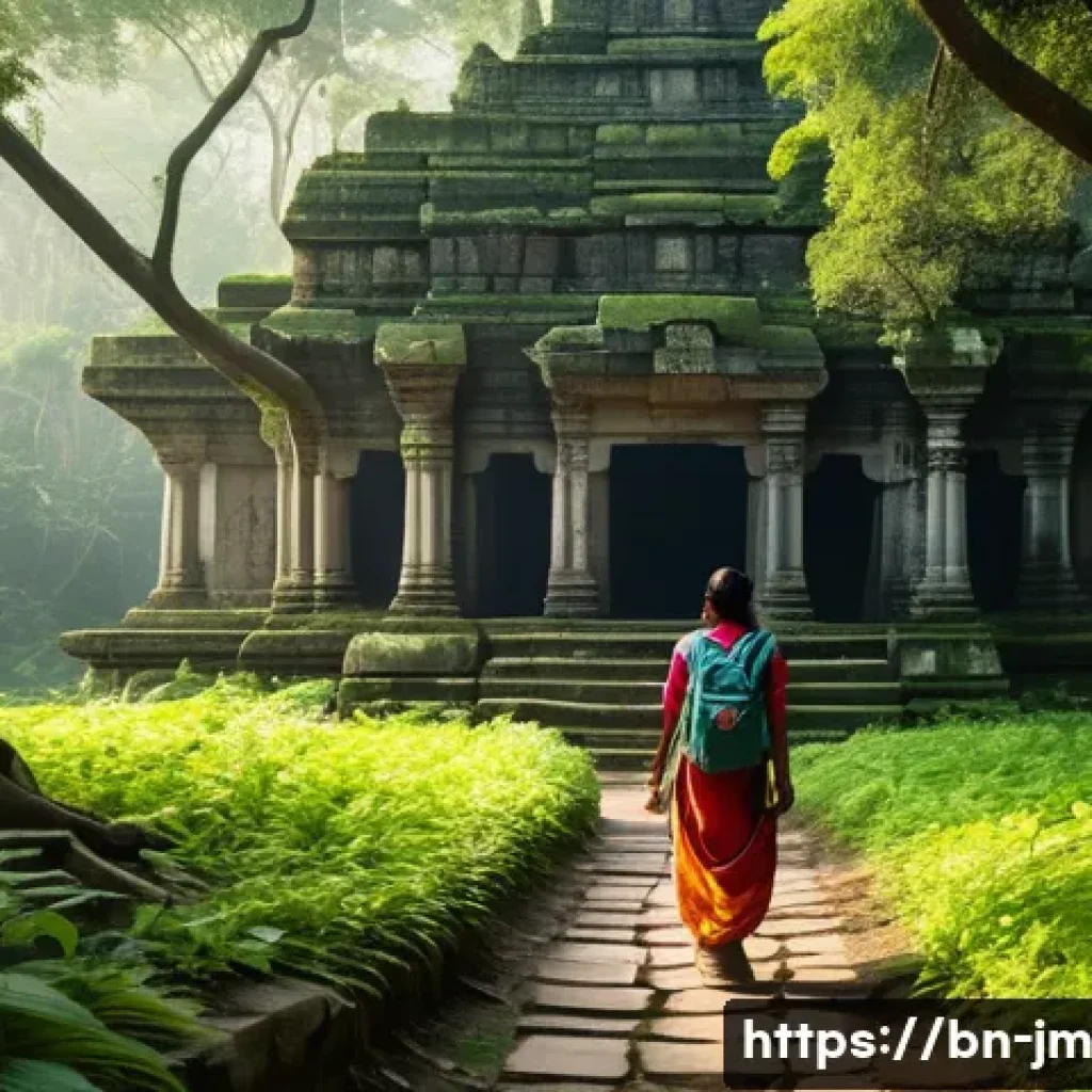 역사적 도보 루트 트레킹의 심리적 효과 - A serene trekking scene through an ancient stone pathway surrounded by lush green forests in Bengal,...