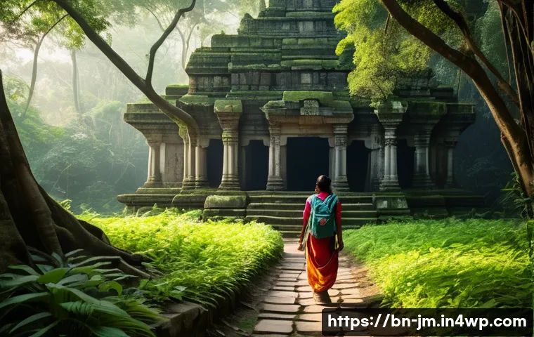 역사적 도보 루트 트레킹의 심리적 효과 - A serene trekking scene through an ancient stone pathway surrounded by lush green forests in Bengal,...