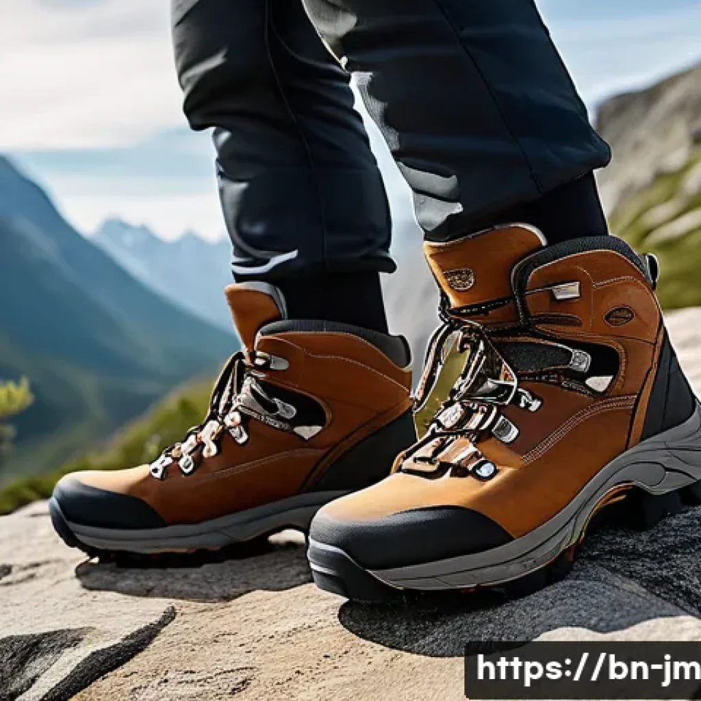 역사적 도보 루트 트레킹의 장비 가이드 - A detailed hiking scene showing a person wearing sturdy hiking boots made of leather, trekking on a ...