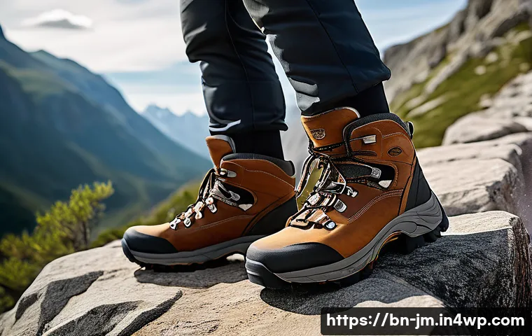 역사적 도보 루트 트레킹의 장비 가이드 - A detailed hiking scene showing a person wearing sturdy hiking boots made of leather, trekking on a ...