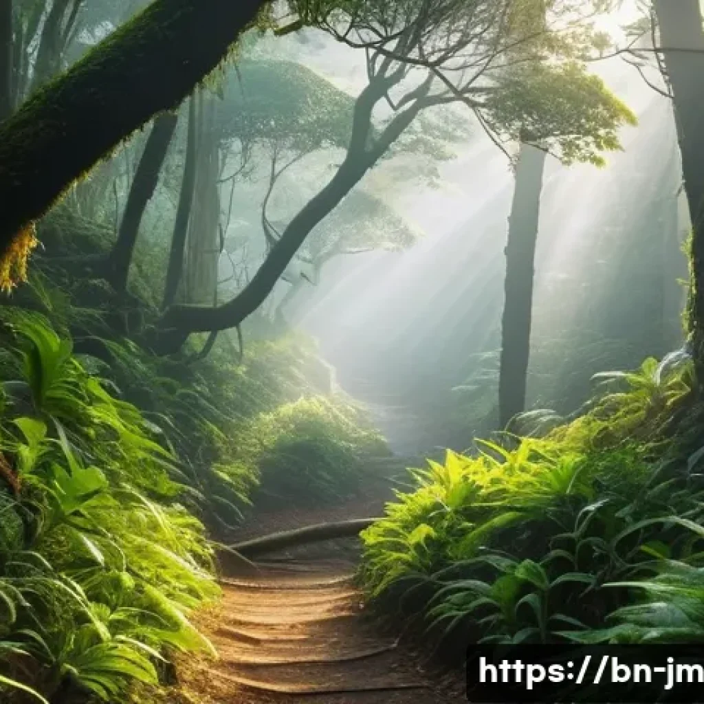 희귀 동식물 관찰을 위한 역사적 도보 루트 트레킹 - A serene mountain forest trail in Bengal during early morning mist, featuring dense green foliage an...