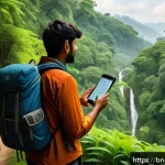역사적 도보 루트 트레킹을 위한 지도 앱 추천 - A detailed scene of a Bengali trekker using a smartphone with an advanced offline map app in a dense...