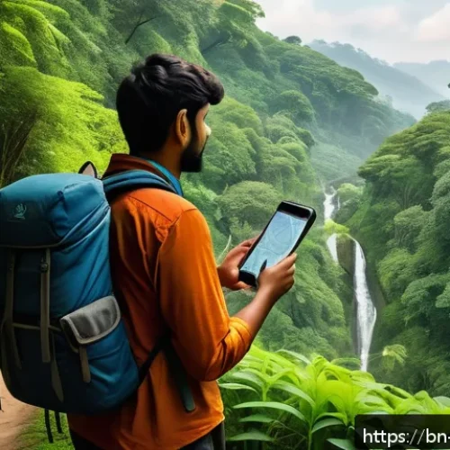 역사적 도보 루트 트레킹을 위한 지도 앱 추천 - A detailed scene of a Bengali trekker using a smartphone with an advanced offline map app in a dense...