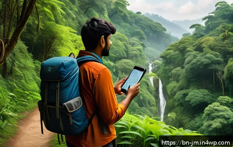 역사적 도보 루트 트레킹을 위한 지도 앱 추천 - A detailed scene of a Bengali trekker using a smartphone with an advanced offline map app in a dense...