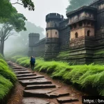 역사적 도보 루트 트레킹의 오프 시즌 여행 - A serene historical hiking trail during a rainy day, surrounded by lush green trees and chirping bir...