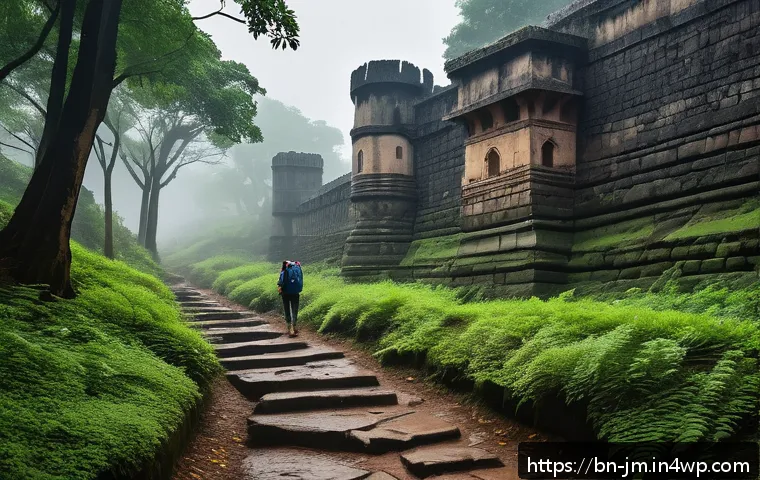 역사적 도보 루트 트레킹의 오프 시즌 여행 - A serene historical hiking trail during a rainy day, surrounded by lush green trees and chirping bir...