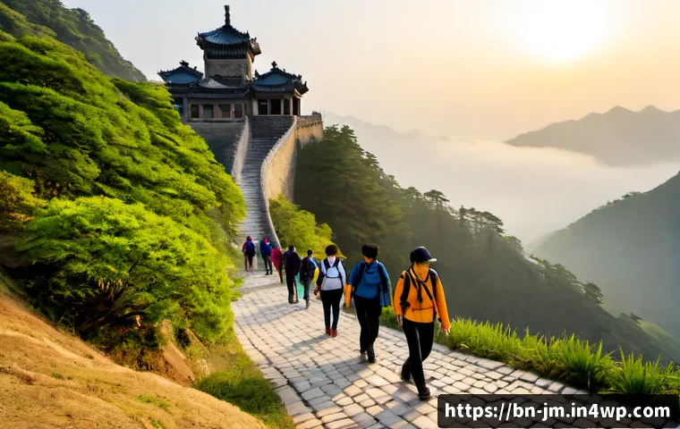 Home 17 한국의 역사적 도보 루트 트레킹 추천 - Photorealistic sunrise trekking scene on a historic Korean mountain trail, a small group of adult hi...