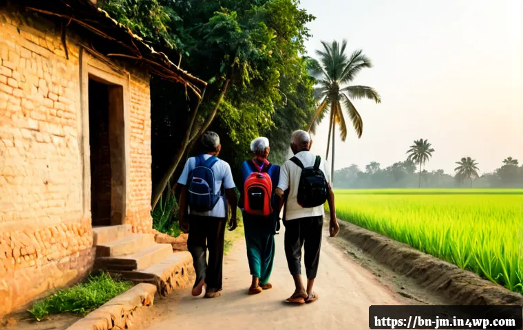 역사적 도보 루트 트레킹 중 만나는 지역 주민 - Photorealistic sunrise on a historic stone walking route in rural Bengal, a small group of adult tre...